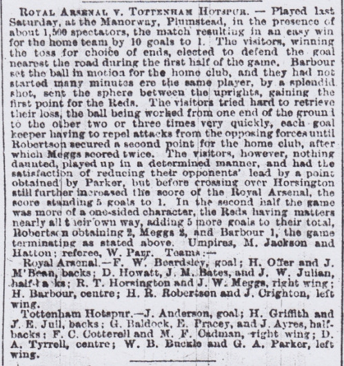 21 September 1889 Royal Arsenal 10 Tottenham 1