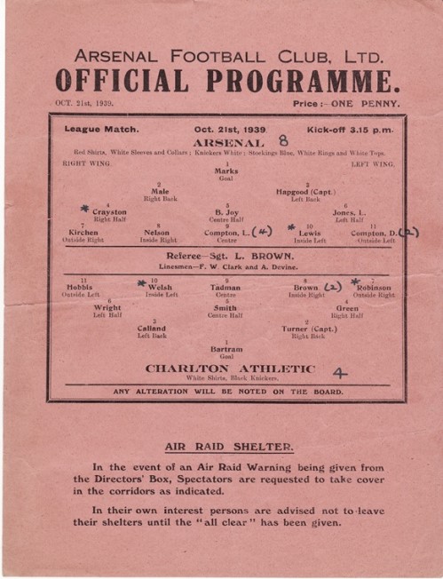 Arsenal v Charlton 21 October 1939